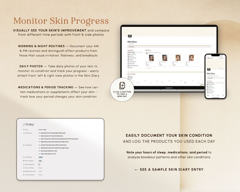 May include: A screenshot of a computer screen and a mobile phone showing a skin diary app. The app allows users to track their skin care routine, medications, and period. The app also includes a feature to take daily photos of the skin to monitor progress.