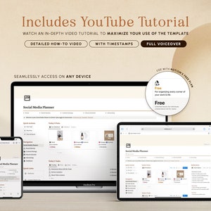 May include: A screenshot of a computer screen showing a social media planner template. The template is designed to help users plan and schedule their social media content. The template is available for free on Notion.