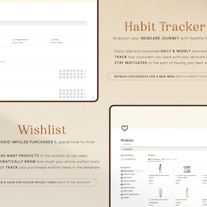 May include: A digital planner for tracking skincare habits and a wishlist for skincare products. The planner includes a habit tracker with checkboxes for daily and weekly skincare routines. The wishlist allows users to add products and track their costs.