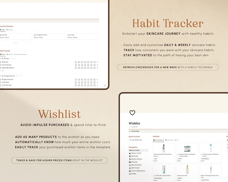 May include: A digital planner for tracking skincare habits and a wishlist for skincare products. The planner includes a habit tracker with checkboxes for daily and weekly skincare routines. The wishlist allows users to add products and track their costs.