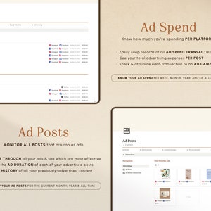 May include: Screenshot of a computer screen showing a website for managing social media advertising. The website has two sections: "Ad Spend" and "Ad Posts". The "Ad Spend" section shows how to track advertising expenses per platform, post, and campaign. The "Ad Posts" section shows how to monitor all posts that are run as ads, filter through ads, track ad duration, and see a history of previously advertised content.