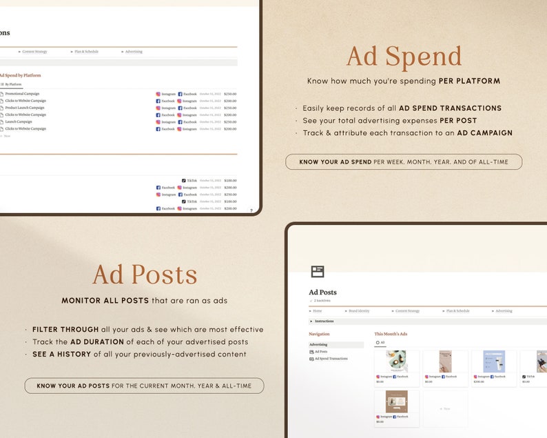 May include: Screenshot of a computer screen showing a website for managing social media advertising. The website has two sections: "Ad Spend" and "Ad Posts". The "Ad Spend" section shows how to track advertising expenses per platform, post, and campaign. The "Ad Posts" section shows how to monitor all posts that are run as ads, filter through ads, track ad duration, and see a history of previously advertised content.