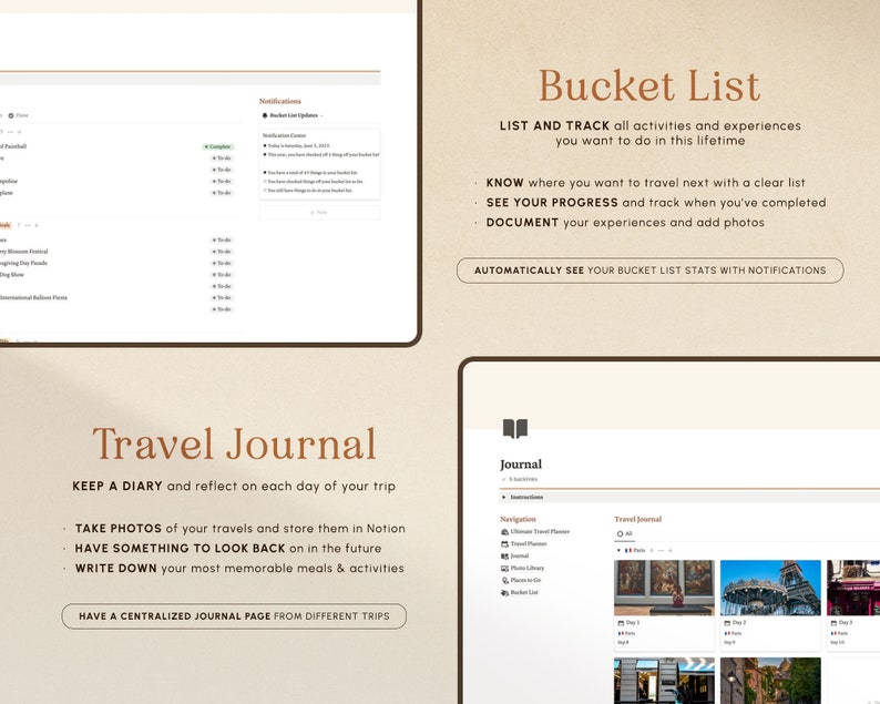 Op de afbeelding: Een screenshot van een website die twee verschillende functies laat zien: een bucketlist en een reisdagboek. De bucketlist-functie stelt gebruikers in staat om activiteiten en ervaringen te lijst en te volgen die ze in hun leven willen doen. De reisdagboek-functie stelt gebruikers in staat om een dagboek bij te houden van hun reizen, foto's te maken en hun ervaringen op te schrijven.