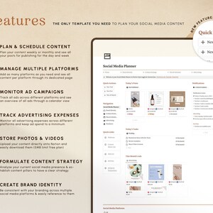 May include: A screenshot of a website showing features of a social media planner. The features include planning and scheduling content, managing multiple platforms, monitoring ad campaigns, tracking advertising expenses, storing photos and videos, formulating content strategy, and creating brand identity. The website has a light brown background with a dark brown border. The text is in black and white.