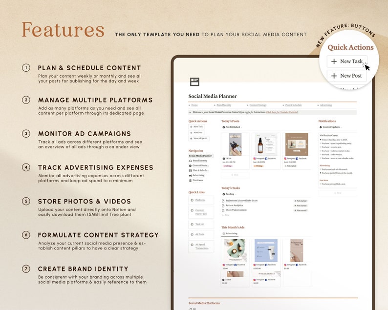 May include: A screenshot of a website showing features of a social media planner. The features include planning and scheduling content, managing multiple platforms, monitoring ad campaigns, tracking advertising expenses, storing photos and videos, formulating content strategy, and creating brand identity. The website has a light brown background with a dark brown border. The text is in black and white.