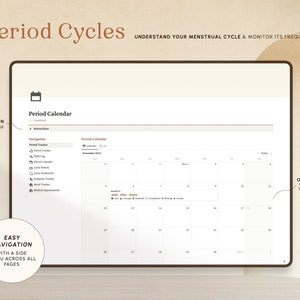 May include: A digital calendar interface for tracking menstrual cycles. The calendar is titled "Period Calendar" and shows the month of November 2023. The interface includes a side menu with options for tracking periods, cycle history, mood, and more.