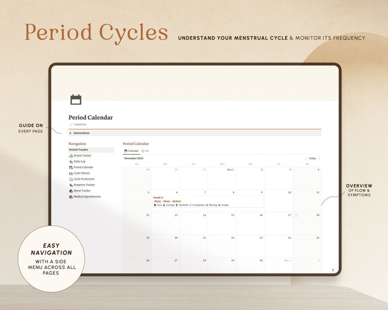 May include: A digital calendar interface for tracking menstrual cycles. The calendar is titled "Period Calendar" and shows the month of November 2023. The interface includes a side menu with options for tracking periods, cycle history, mood, and more.