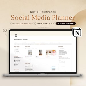 May include: A laptop computer screen displaying a Notion template for a social media planner. The template is titled "Social Media Planner" and includes sections for "Quick Actions", "Navigation", "Today's Posts", and "Today's Tasks". The template is designed for content creators and includes a section for tracking brand deals. The screen also includes a YouTube tutorial button. The laptop is on a beige background with a brown circle behind it. The Notion logo is in the upper right corner of the screen.