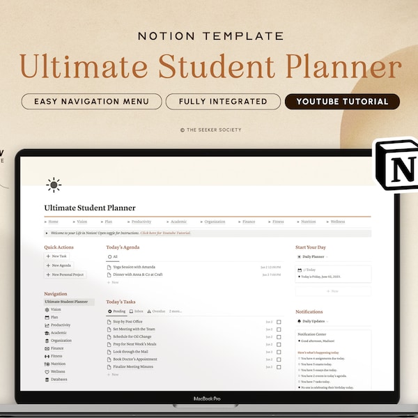 Notion Template Student Planner | Academic Planner, School Planner for Notion | Assignment Tracker College Planner Essay Planner Notion