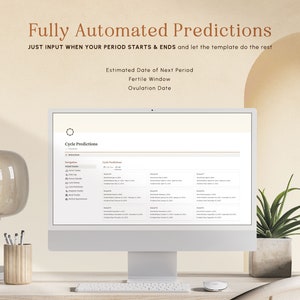 May include: A computer screen displaying a website with the text "Fully Automated Predictions" and "Cycle Predictions". The website allows users to input their period start and end dates to predict their next period, fertile window, and ovulation date.