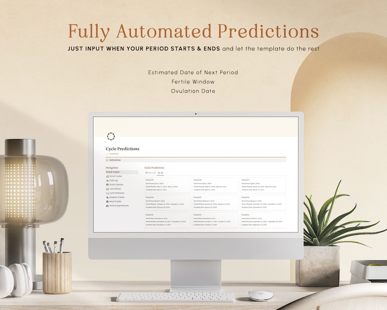 May include: A computer screen displaying a website with the text "Fully Automated Predictions" and "Cycle Predictions". The website allows users to input their period start and end dates to predict their next period, fertile window, and ovulation date.