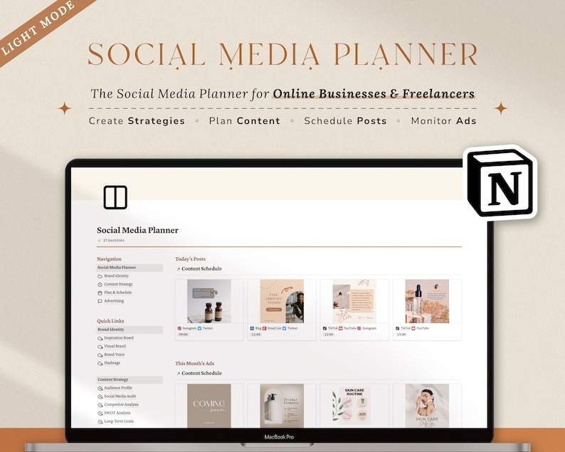 Notion Template Social Media Planner, Content Planner for Business & Freelancers Instagram Facebook Youtube Notion Planner Content Organizer 