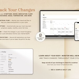 May include: A screenshot of a website showing a daily log for tracking menstrual cycles, mood, symptoms, medication, sleep, discharge, and basal temperature. The website is designed to help users learn about their bodies, monitor their well-being, and track changes throughout their cycle. The website includes a calendar view, a daily log, and a section for tracking symptoms, mood, medication, sleep, discharge, and basal temperature.