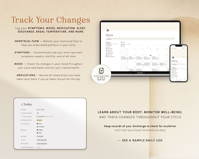 May include: A screenshot of a website showing a daily log for tracking menstrual cycles, mood, symptoms, medication, sleep, discharge, and basal temperature. The website is designed to help users learn about their bodies, monitor their well-being, and track changes throughout their cycle. The website includes a calendar view, a daily log, and a section for tracking symptoms, mood, medication, sleep, discharge, and basal temperature.