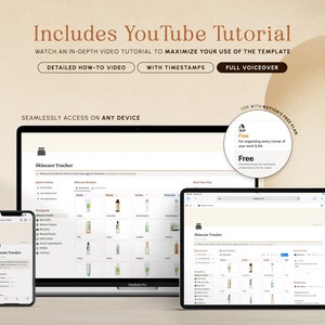 May include: A screenshot of a Notion template for a skincare tracker. The template includes sections for quick actions, skincare routine, product reviews, and more. The template is accessible on any device and includes a YouTube tutorial with timestamps and a full voiceover.
