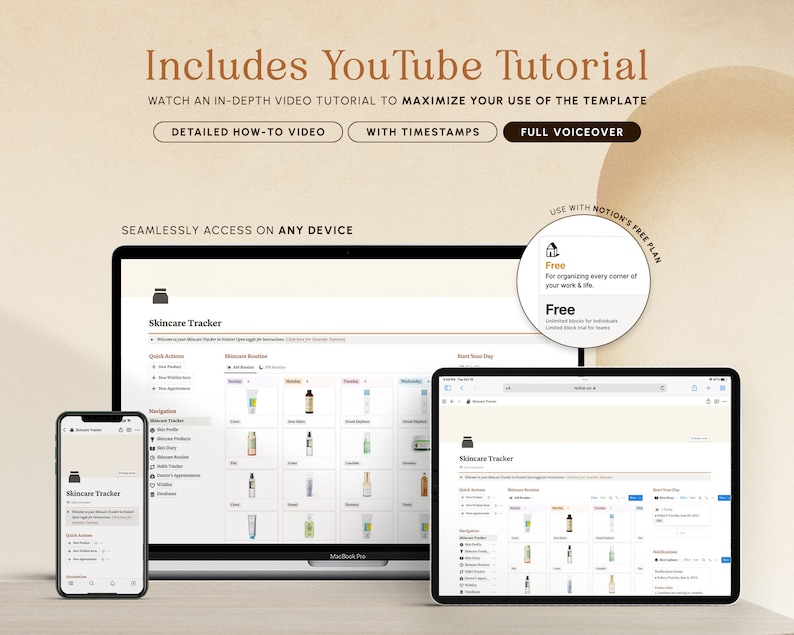 May include: A screenshot of a Notion template for a skincare tracker. The template includes sections for quick actions, skincare routine, product reviews, and more. The template is accessible on any device and includes a YouTube tutorial with timestamps and a full voiceover.