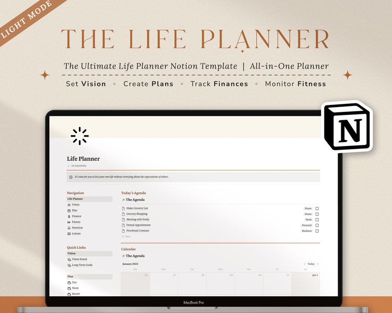 Notion Template Life Planner | Notion Dashboard, Notion Planner, All in One Notion Templates with Vision, Plan, Finance, Fitness, Nutrition 