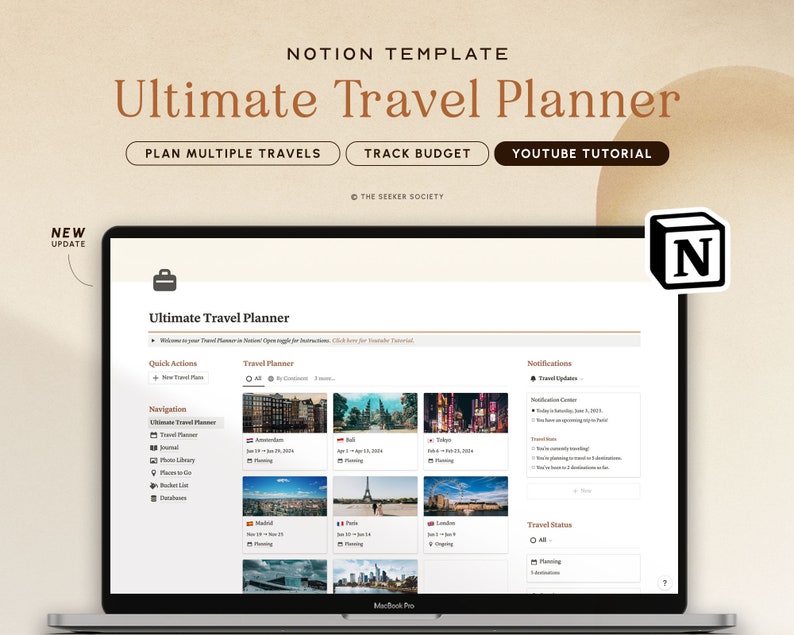 Notion Template Travel Planner Vacation Planner Holiday Planner Notion Planner, Travel Journal Itinerary Travel Organizer Notion Templates image 1