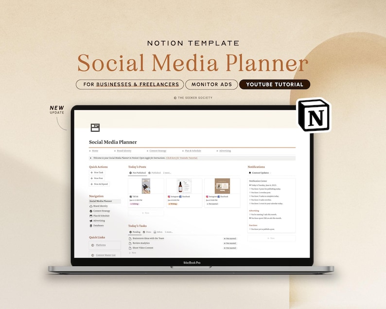 May include: A laptop computer screen displaying a Notion template for a social media planner. The template is titled "Social Media Planner" and includes sections for quick actions, navigation, today's posts, and distribution guidelines. The template is designed for businesses and freelancers and includes a "Monitor Ads" and "YouTube Tutorial" button. The screen also displays a "New Update" notification.