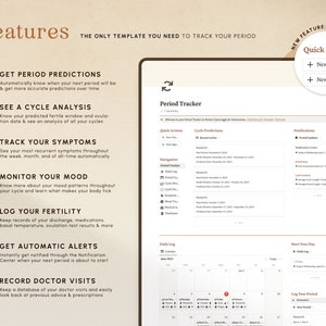 May include: A screenshot of a website for a period tracker app. The website features a list of features, including getting period predictions, seeing a cycle analysis, tracking symptoms, monitoring mood, logging fertility, getting automatic alerts, and recording doctor visits. The website also includes a calendar view for tracking periods.