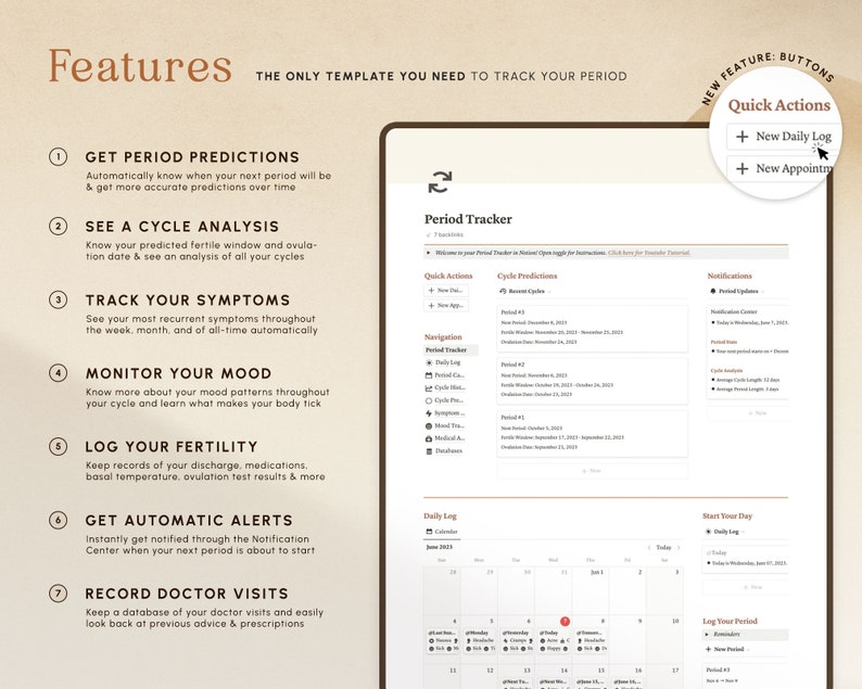 May include: A screenshot of a website for a period tracker app. The website features a list of features, including getting period predictions, seeing a cycle analysis, tracking symptoms, monitoring mood, logging fertility, getting automatic alerts, and recording doctor visits. The website also includes a calendar view for tracking periods.