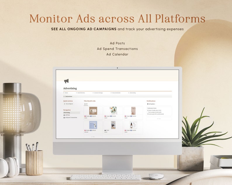 May include: A computer screen displaying a website for managing advertising campaigns. The website is titled "Advertising" and features sections for ad posts, ad spend transactions, and an ad calendar. The screen is on a desk with a lamp, a pencil holder, and a plant.