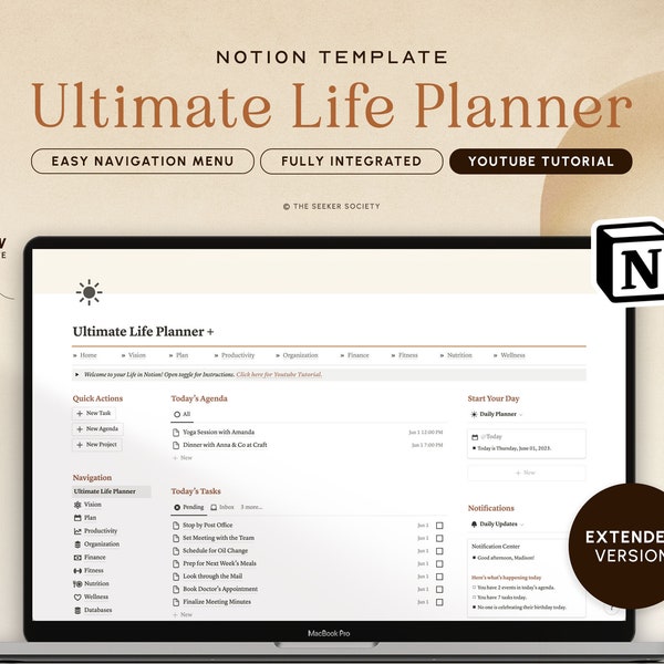 Notion Template Extended Life Planner All in One Template Notion Dashboard, Ultimate Notion Calendar ADHD Personal Planner Minimal Aesthetic