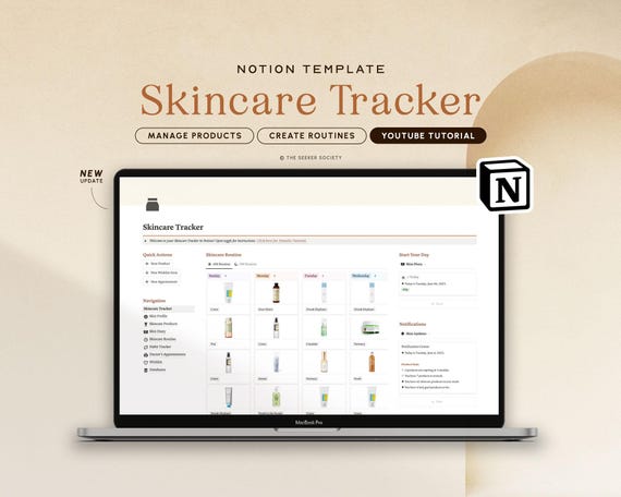 Notion Template Skincare Tracker, Notion Planner Beauty Tracker, Skincare Manager Notion, Skincare Routine Planner, Notion Skincare Template