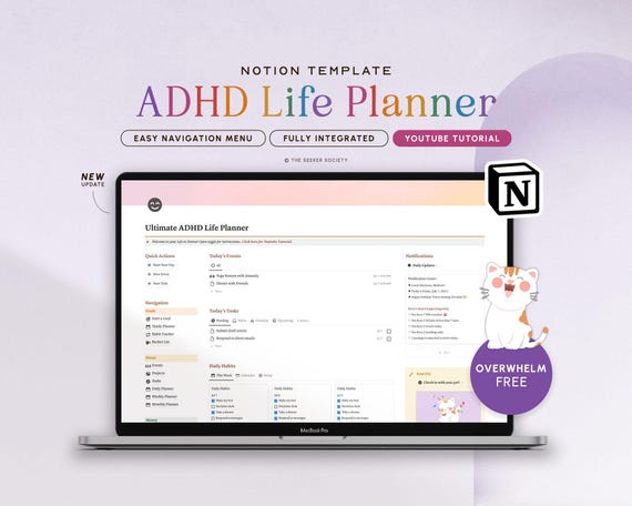 Notion Template ADHD Planner Notion Dashboard ADHD Digital Planner Adult ADHD Notion Templates Focus Planner Productivity Self Care Planner