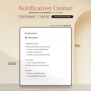 May include: A screenshot of a notification center interface with a white background and black text. The notification center is titled "Notification Center" and has a subheading that says "Know what's happening at a glance". The notification center has three tabs: "Fully Automatic", "Intuitive", and "Covers Main Pages". The notification center also has a section titled "Notifications" with a subheading that says "Daily Updates". The notification center has a section titled "Notification Center" with a list of notifications. The notification center has a section titled "Advertising" with a list of notifications. The notification center has a section titled "Post Stats" with a list of notifications. The notification center has a section titled "Daily Overview" with a list of notifications.