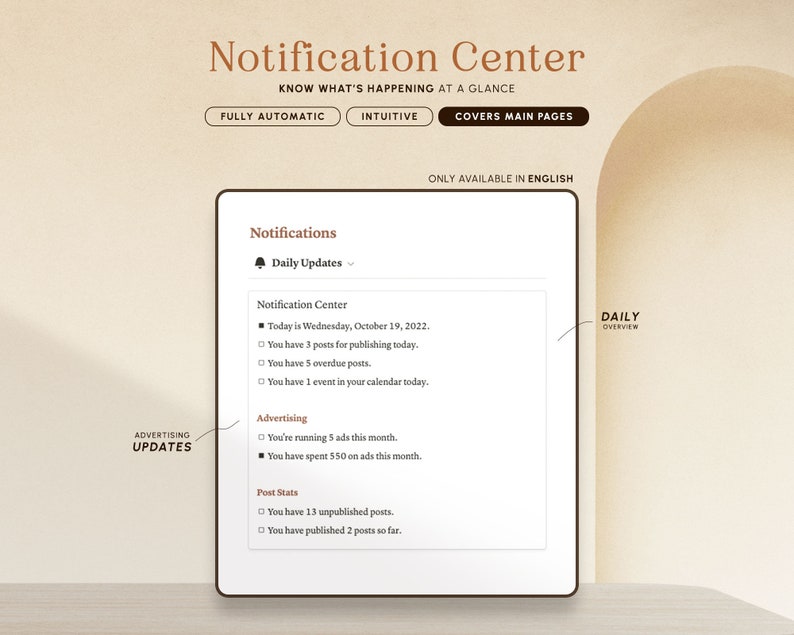 May include: A screenshot of a notification center interface with a white background and black text. The notification center is titled "Notification Center" and has a subheading that says "Know what's happening at a glance". The notification center has three tabs: "Fully Automatic", "Intuitive", and "Covers Main Pages". The notification center also has a section titled "Notifications" with a subheading that says "Daily Updates". The notification center has a section titled "Notification Center" with a list of notifications. The notification center has a section titled "Advertising" with a list of notifications. The notification center has a section titled "Post Stats" with a list of notifications. The notification center has a section titled "Daily Overview" with a list of notifications.