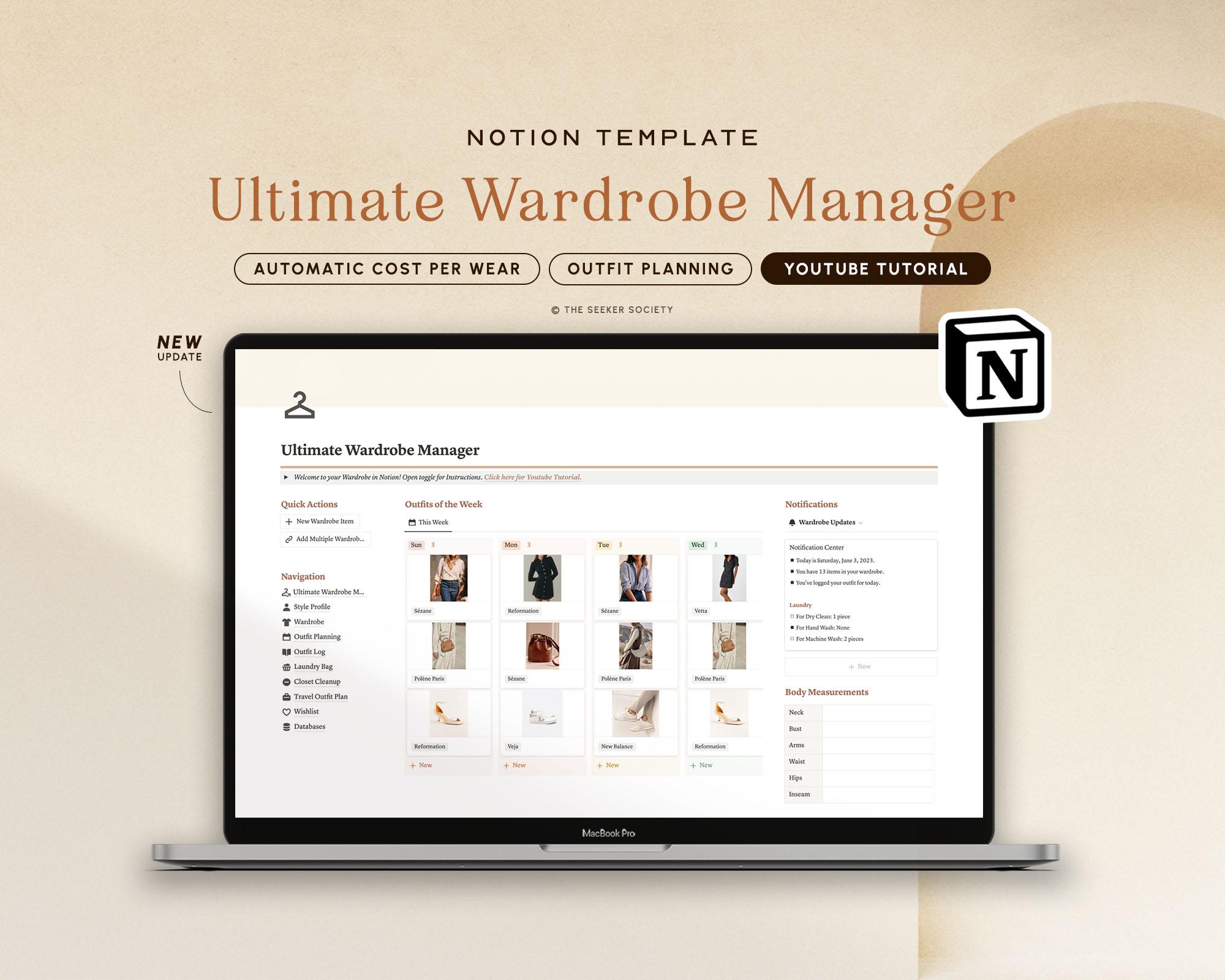 Notion Template Wardrobe Manager, Notion Outfit Planner, Notion Template Outfit Planning, Aesthetic Notion, Notion Planner Notion Dashboard