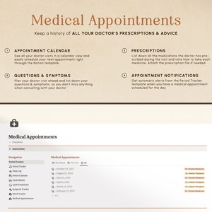 May include: A screenshot of a computer screen displaying a Notion template for medical appointments. The template features sections for an appointment calendar, questions and symptoms, prescriptions, and appointment notifications. The template is designed to help users keep track of their medical appointments and prescriptions.