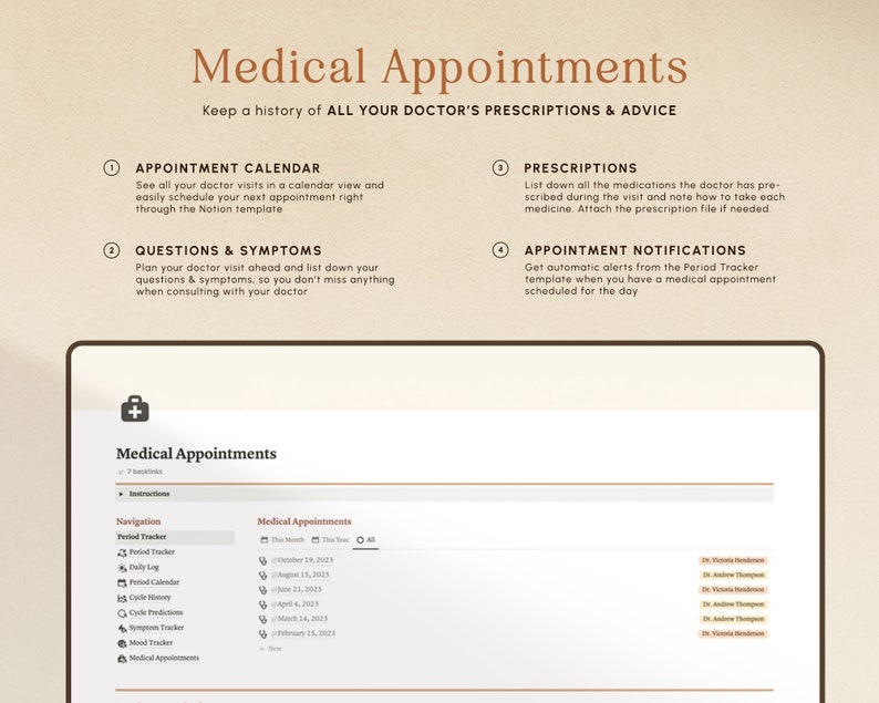 May include: A screenshot of a computer screen displaying a Notion template for medical appointments. The template features sections for an appointment calendar, questions and symptoms, prescriptions, and appointment notifications. The template is designed to help users keep track of their medical appointments and prescriptions.