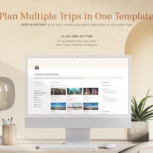 Op de afbeelding: Een computerscherm dat een website voor een reisplanner weergeeft. De website heeft de titel "Ultimate Travel Planner" en toont een lijst met reisbestemmingen met afbeeldingen en data. De tekst "Klik op &eacute;&eacute;n knop" wordt boven de website weergegeven.