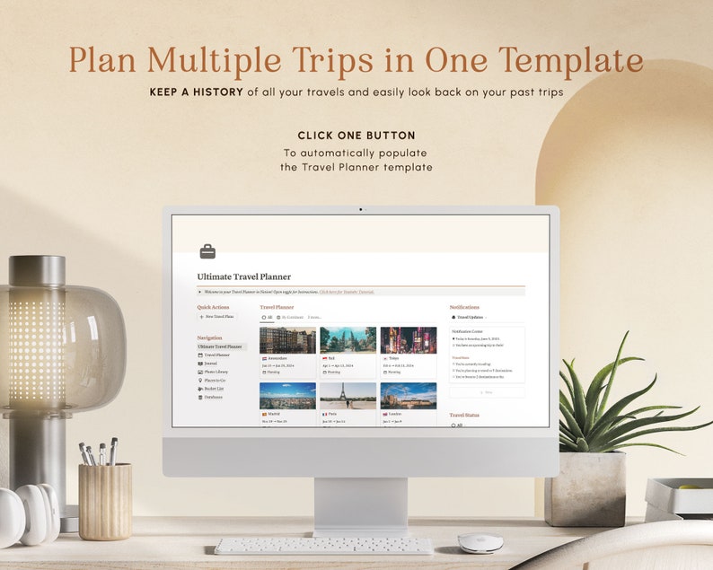 Op de afbeelding: Een computerscherm dat een website voor een reisplanner weergeeft. De website heeft de titel "Ultimate Travel Planner" en toont een lijst met reisbestemmingen met afbeeldingen en data. De tekst "Klik op &eacute;&eacute;n knop" wordt boven de website weergegeven.