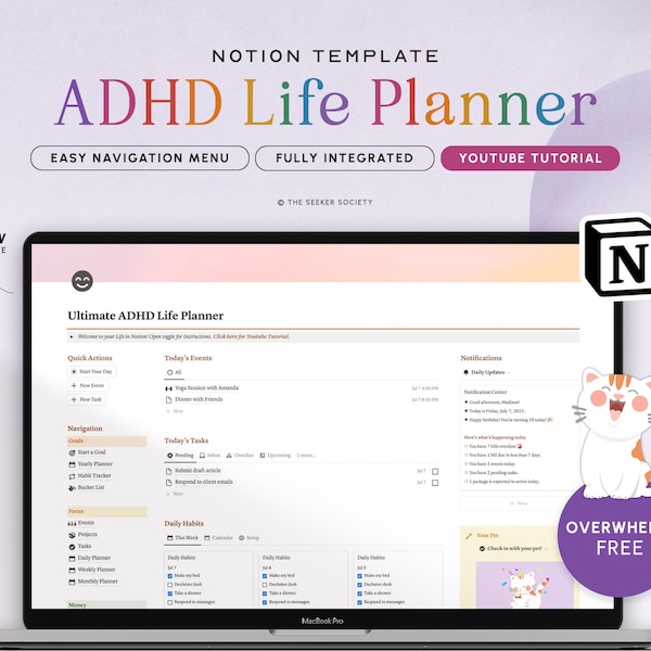 Notion Template ADHD Planner Notion Dashboard ADHD Digital Planner Adult ADHD Notion Templates Focus Planner Productivity Self Care Planner