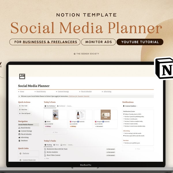 Notion Template Social Media Planner, Content Planner für Business & Freiberufler Instagram Facebook Youtube Notion Planner Content Organizer
