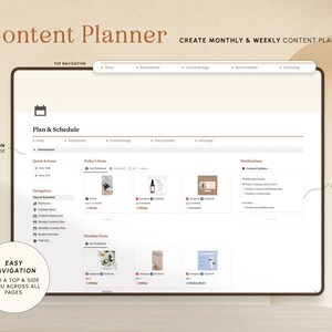 May include: A screenshot of a content planner website with a calendar icon, a list of navigation options, and a section for scheduling posts. The website has a light background with brown accents.