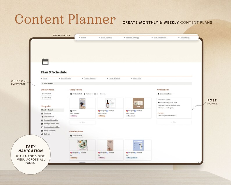 May include: A screenshot of a content planner website with a calendar icon, a list of navigation options, and a section for scheduling posts. The website has a light background with brown accents.