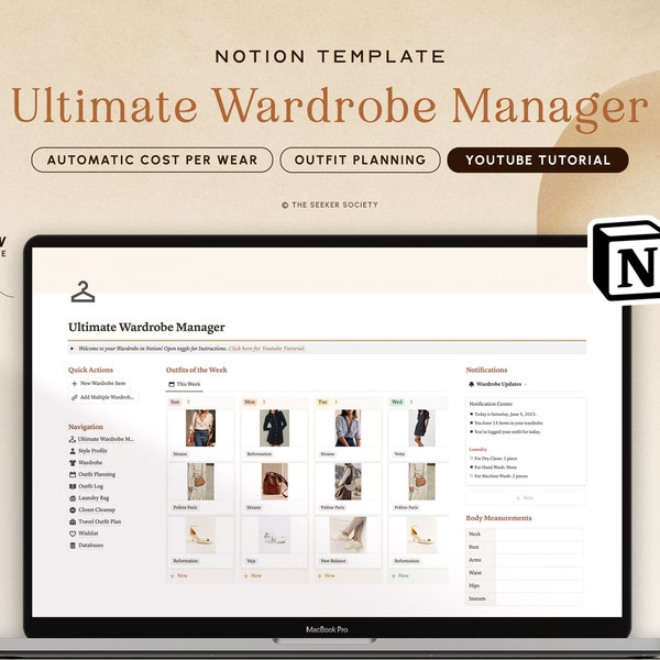 Notion Template Wardrobe Manager, Notion Outfit Planner, Notion Template Outfit Planning, Aesthetic Notion, Notion Planner Notion Dashboard