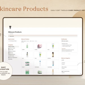 May include: A computer screen displaying a website for skincare products. The website has a side menu with options for skincare tracker, skincare profile, mini diary, and more. The main content area shows a grid of skincare products with images and names. The website also includes a section for notifications and skincare categories.