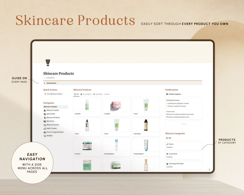 May include: A computer screen displaying a website for skincare products. The website has a side menu with options for skincare tracker, skincare profile, mini diary, and more. The main content area shows a grid of skincare products with images and names. The website also includes a section for notifications and skincare categories.