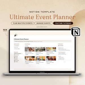 Könnte beinhalten: Ein Laptop-Bildschirm zeigt eine Notion-Vorlage für einen ultimativen Event-Planer. Die Vorlage enthält Abschnitte für die Planung mehrerer Events, die Verwaltung von Gästen und ein YouTube-Tutorial. Der Bildschirm zeigt auch eine Benachrichtigung über ein neues Update.