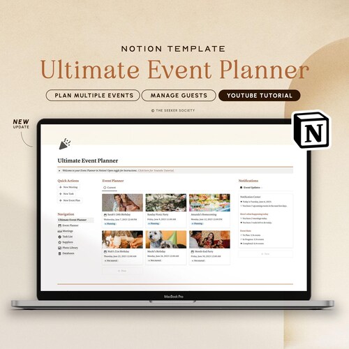 Notion Template Event Planner, Party Checklist, Event Organizer Notion, Digital Party Planning Template, Party Guest List Tracker Template