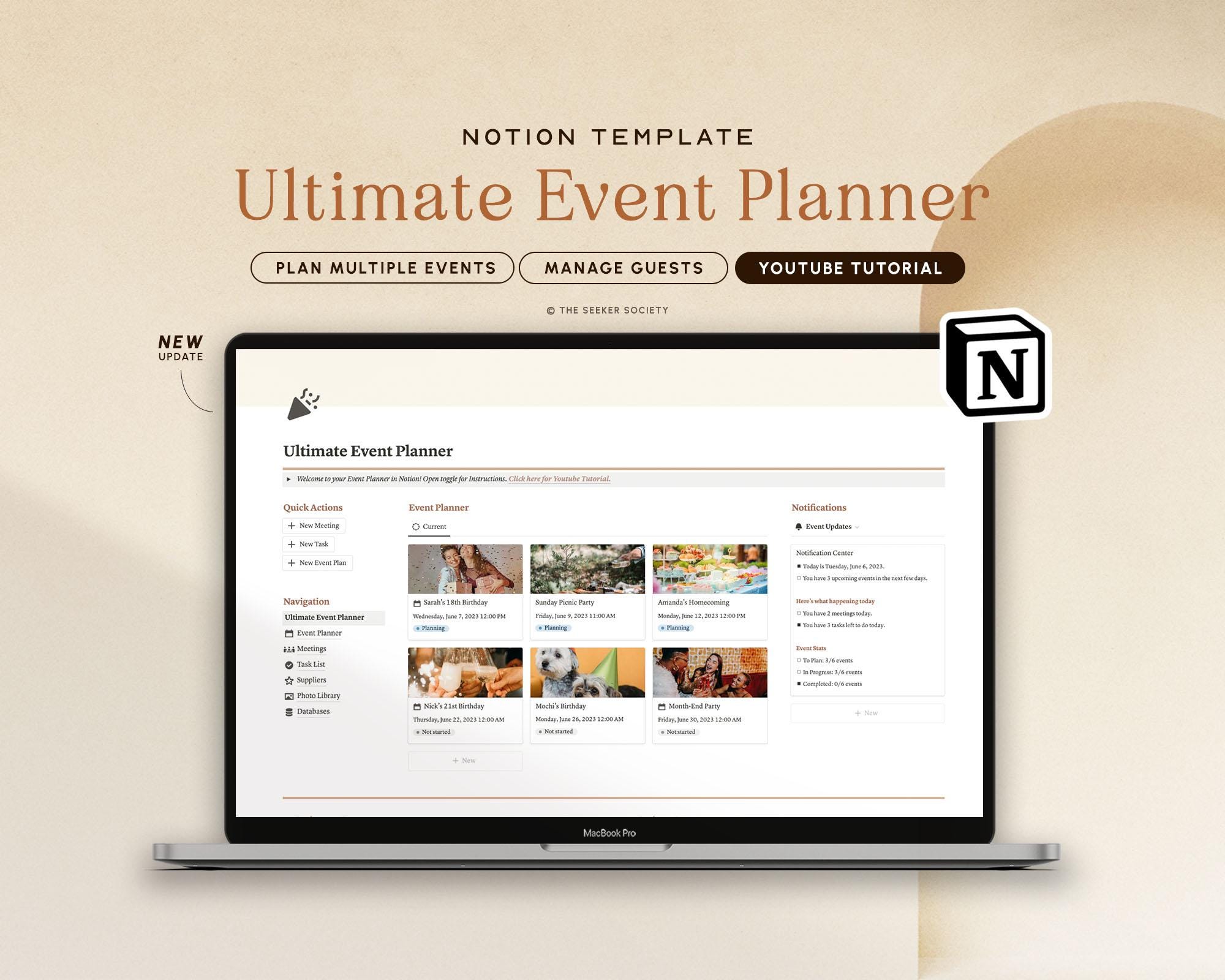 Notion Template Event Planner, Party Checklist, Event Organizer Notion, Digital Party Planning Template, Party Guest List Tracker Template