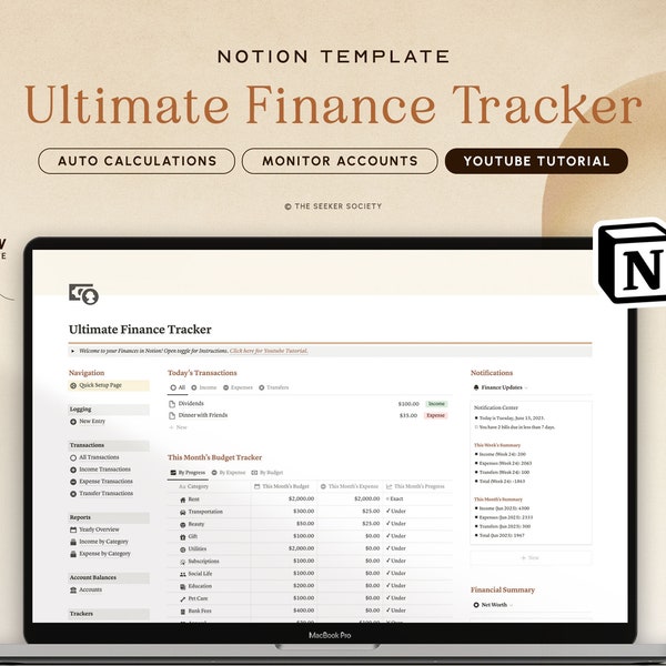 Notion Template Personal Finance Tracker Budget Tracker | Income and Expense Tracker Notion Template | Notion Finance Tracker, Money Tracker