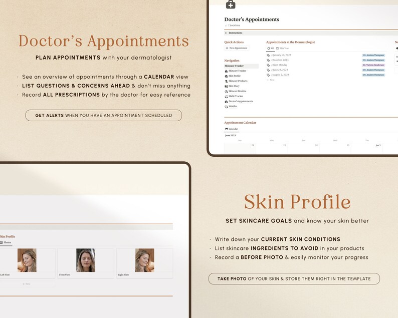 May include: A digital planner for scheduling doctor's appointments. The planner includes a calendar view, a section for listing questions and concerns, and a section for recording prescriptions. The planner also includes a section for tracking skin care goals and conditions, and a section for taking photos of the skin.