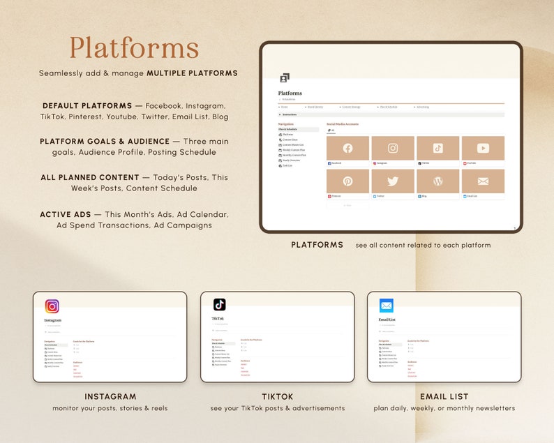 May include: A screenshot of a computer screen showing a software program for managing social media platforms. The program includes sections for default platforms, platform goals and audience, all planned content, and active ads. The screen also shows icons for Facebook, Instagram, TikTok, YouTube, Pinterest, Twitter, and an email list.