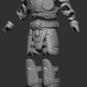 Może przedstawiać: Szary, futurystycznie wyglądający zestaw zbroi, w tym napierśnik, ochraniacze na ramiona i nogi. Zbroja ma szczegółowy, mechaniczny design z okrągłymi i prostokątnymi elementami, sugerujący motyw science fiction lub cosplay.